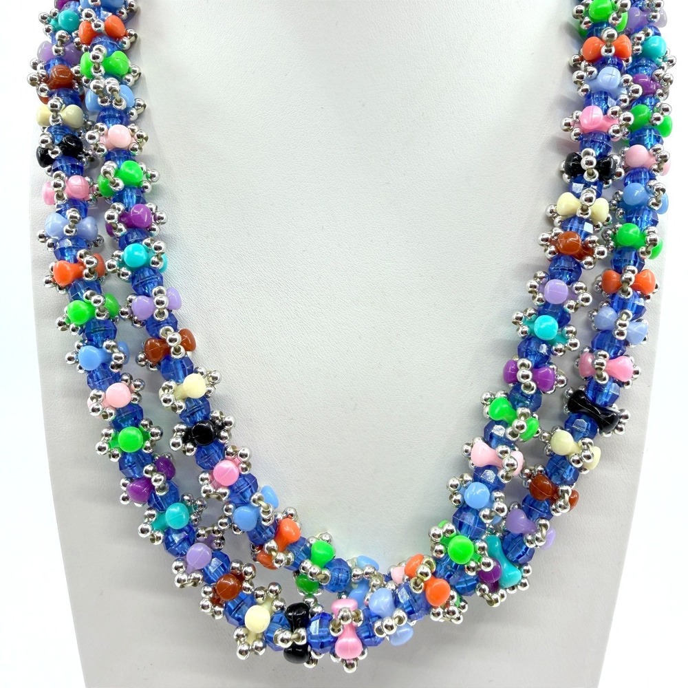 Vintage Multi Color Seed Bead Necklace Chunky Multi Strand Cluster Statement 90s